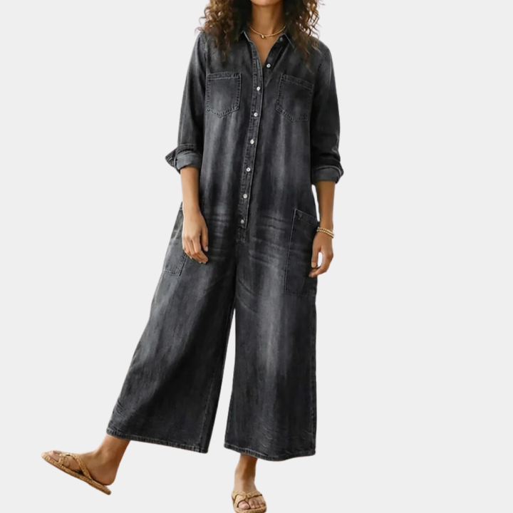 Sandy | Vintage Washed Soft Cotton Denim Jumpsuit with Button Closure