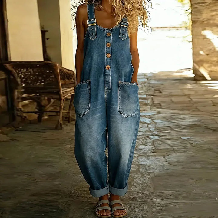 Mara | Vintage Soft Cotton Denim-Look Overalls with Adjustable straps