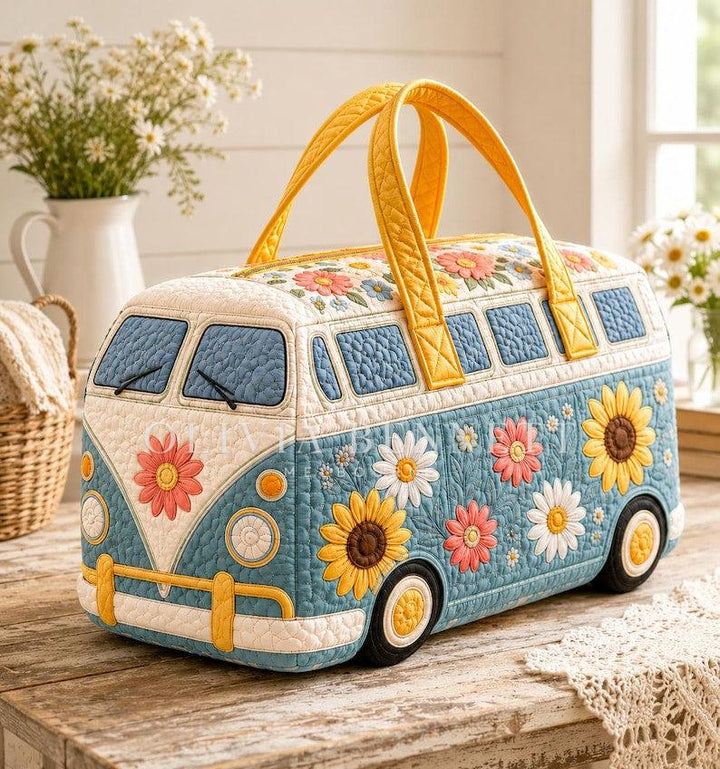 Blue Floral Retro Bus Quilted Duffle Bag