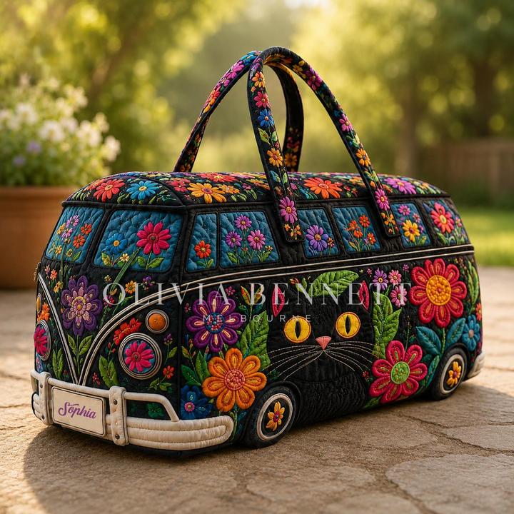 Black Cat Flower Power Quilted Duffle Bag