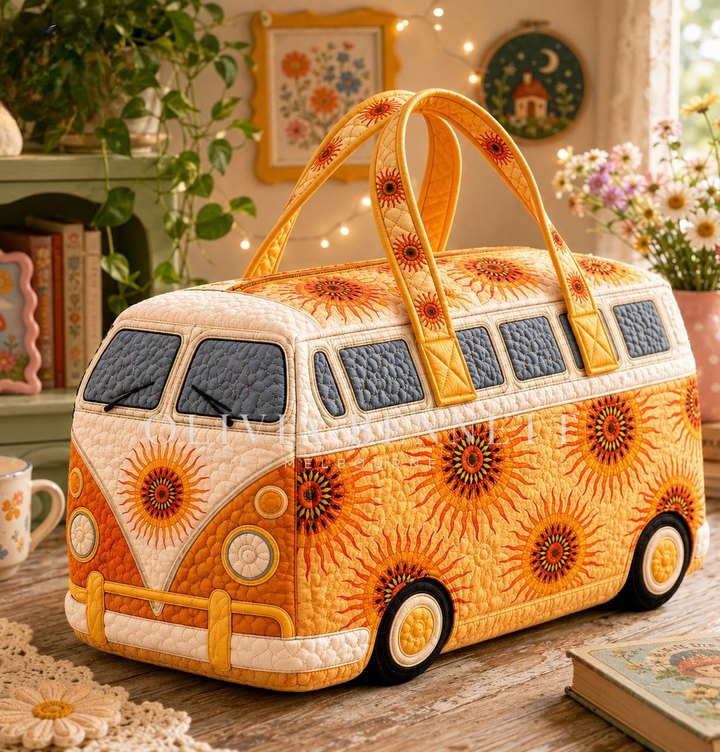 Retro Sunflower Camper Quilted Duffle Bag