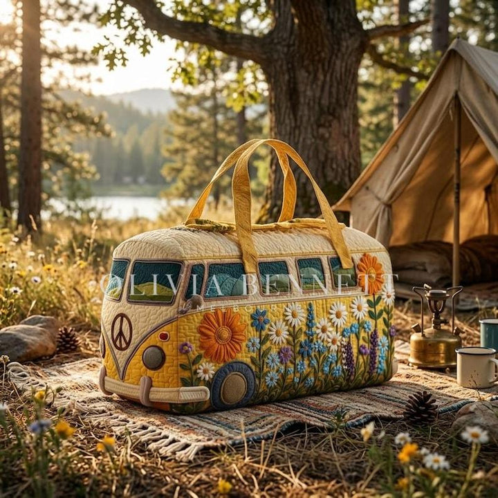 Sunflower Meadow Bus Quilted Duffle Bag