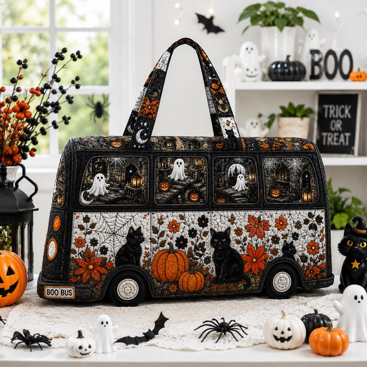 Black Cat Halloween Bus Quilted Duffle Bag