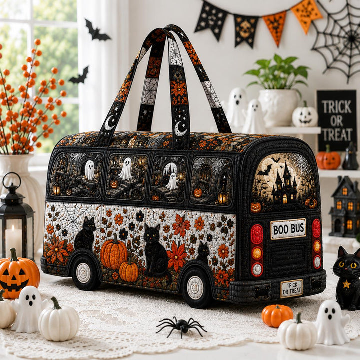 Black Cat Halloween Bus Quilted Duffle Bag