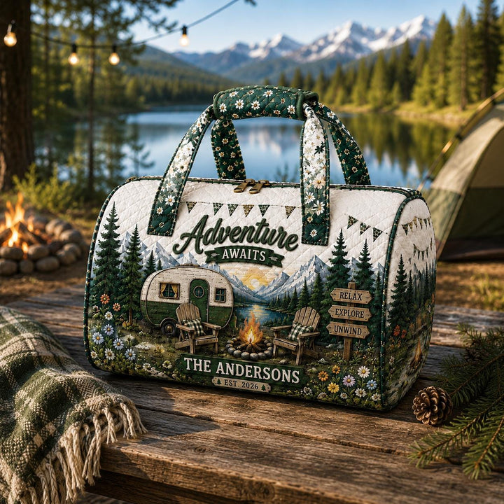 Adventure Awaits Campsite Quilted Duffle Bag