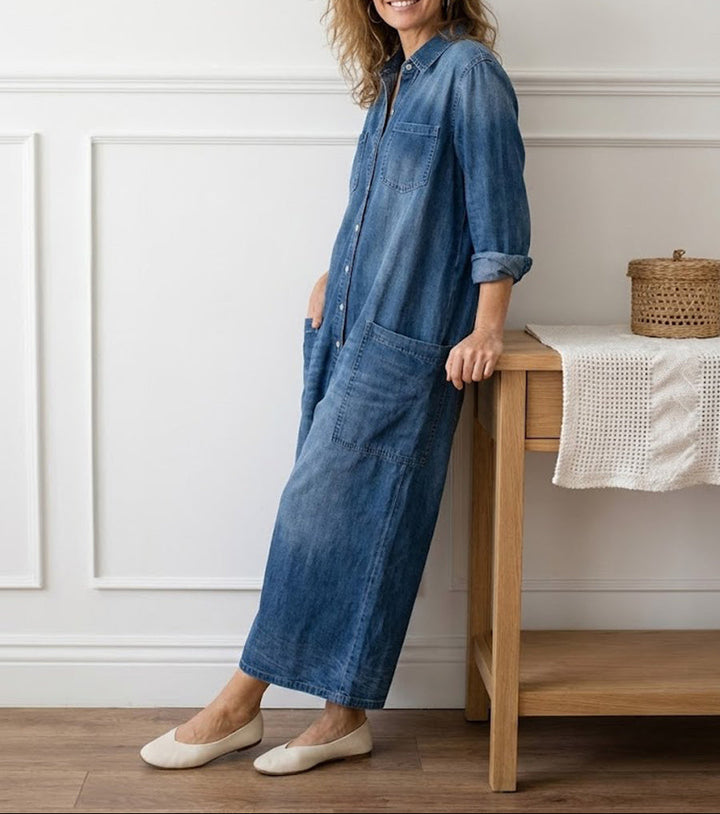Sandy | Vintage Washed Soft Cotton Denim Jumpsuit with Button Closure