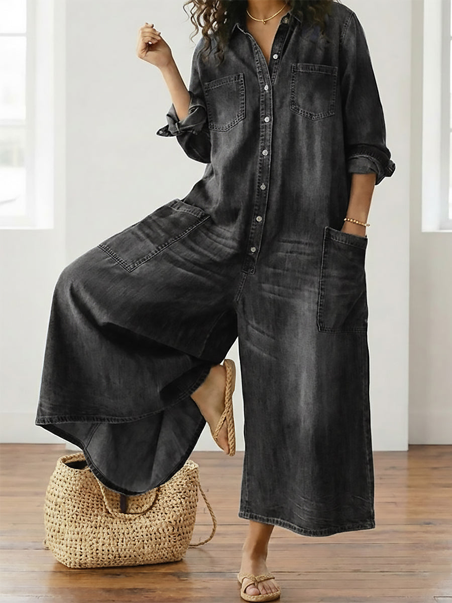 Sandy | Vintage Washed Soft Cotton Denim Jumpsuit with Button Closure