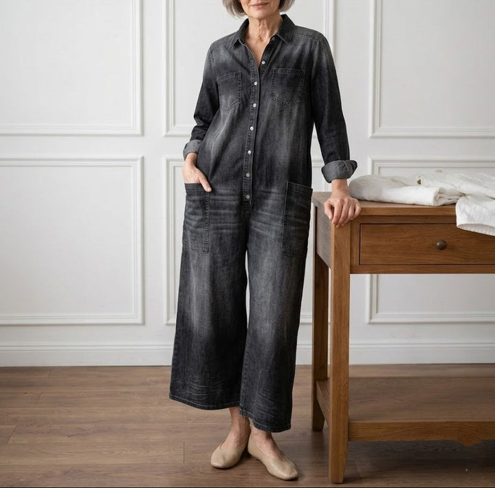 Sandy | Vintage Washed Soft Cotton Denim Jumpsuit with Button Closure